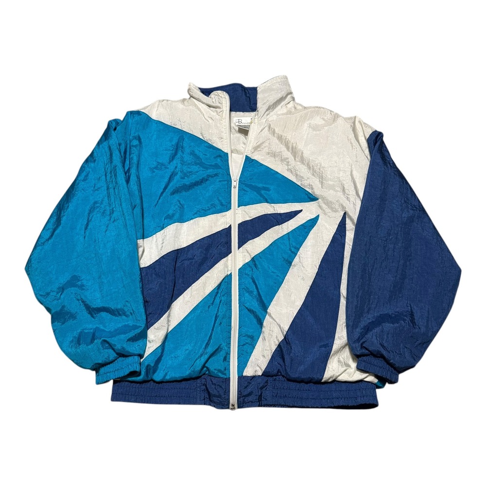 Vintage Bocoo White Blue Geometric Patterned‎ Windbreaker Jacket Women's M FLAWS